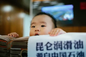a baby is peeking out from behind a sign