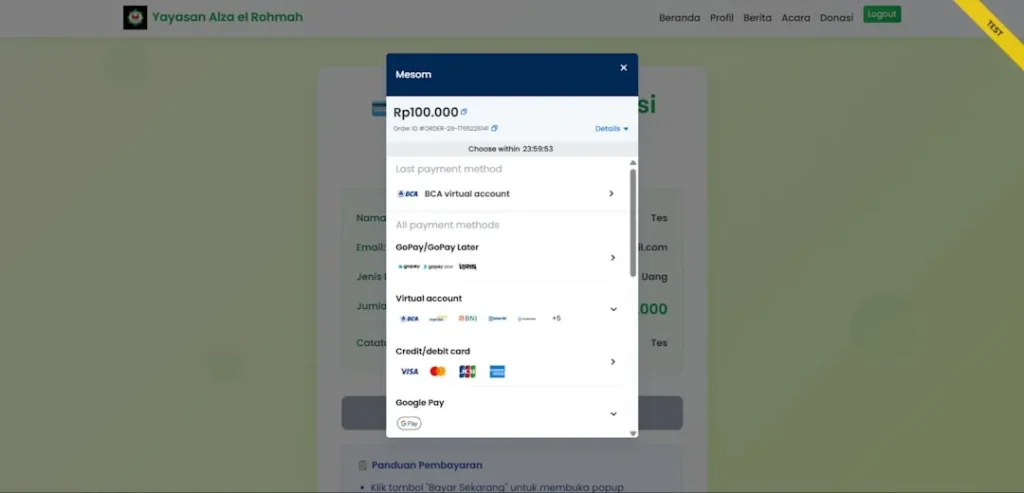 Online payment form with credit card options displayed.