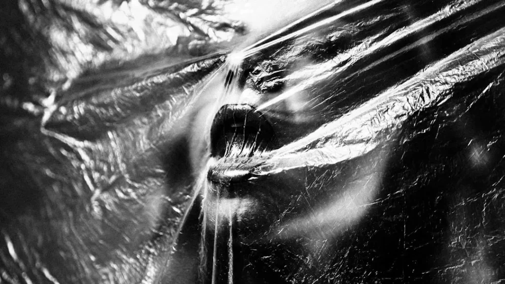 A black and white photo of a plastic bag