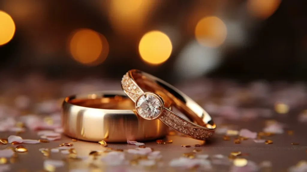 Two gold wedding rings with diamonds on petals