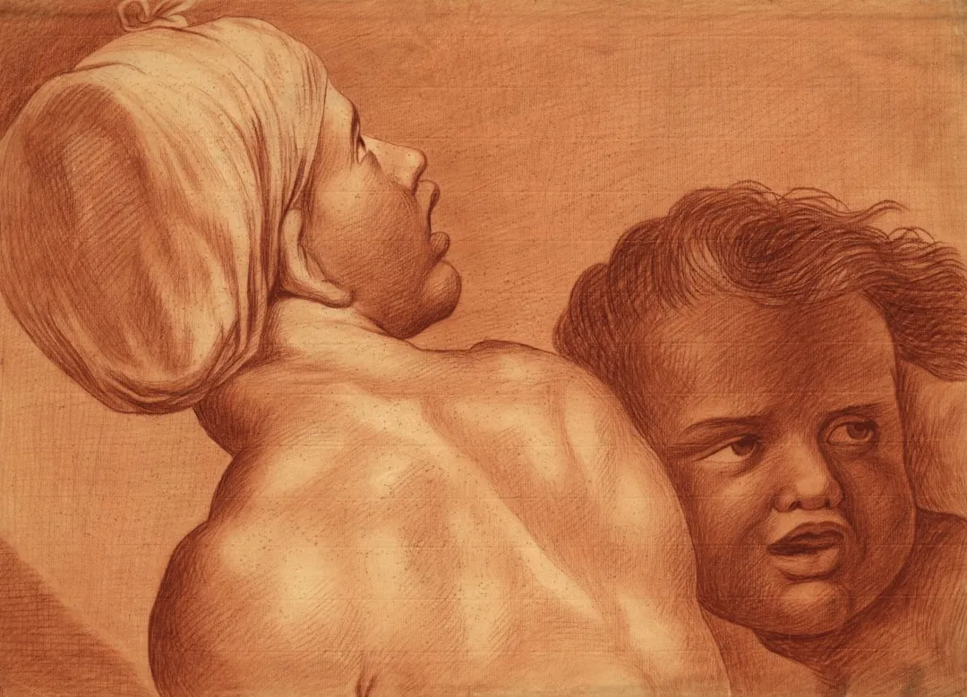 Two figures in a sepia toned drawing