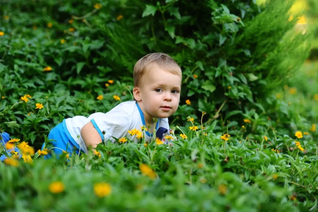 A young boy crawls through lush green foliage.