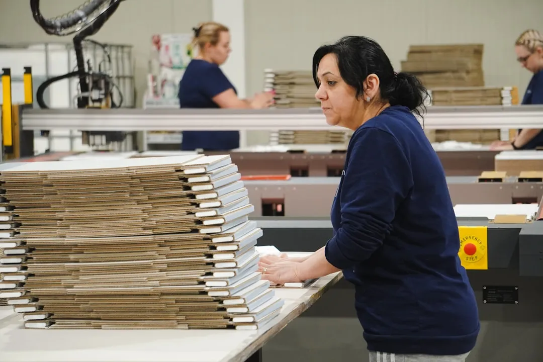 a woman working in a factory with a lot of boxes