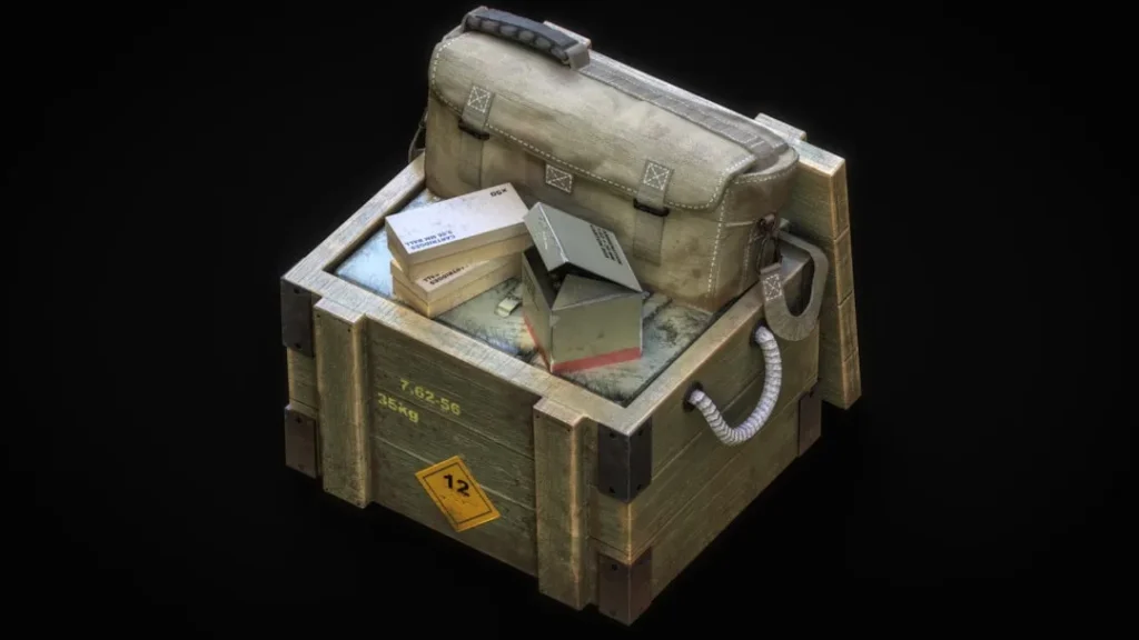 Wooden crate filled with supplies and a bag