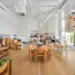 A room filled with lots of wooden tables and chairs