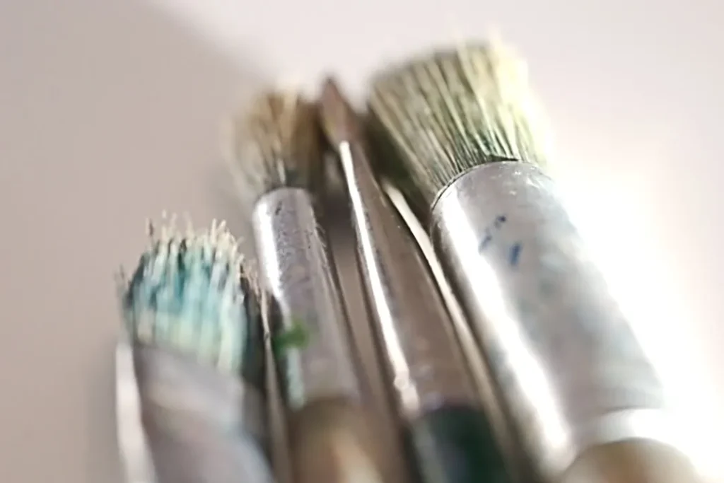 Close-up of several paint brushes on a white surface.